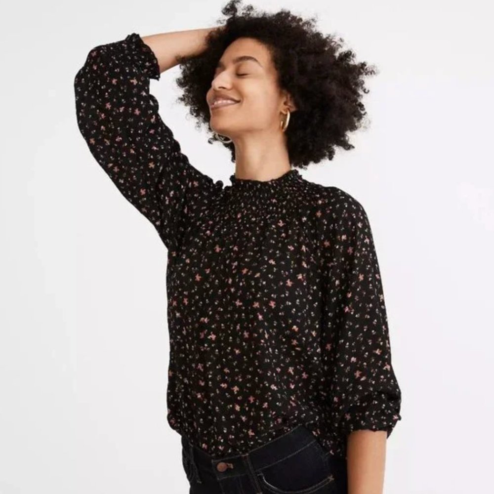Madewell Madewell Smocked-Neck Ruffle Top in Stem Scatter NWT Large
